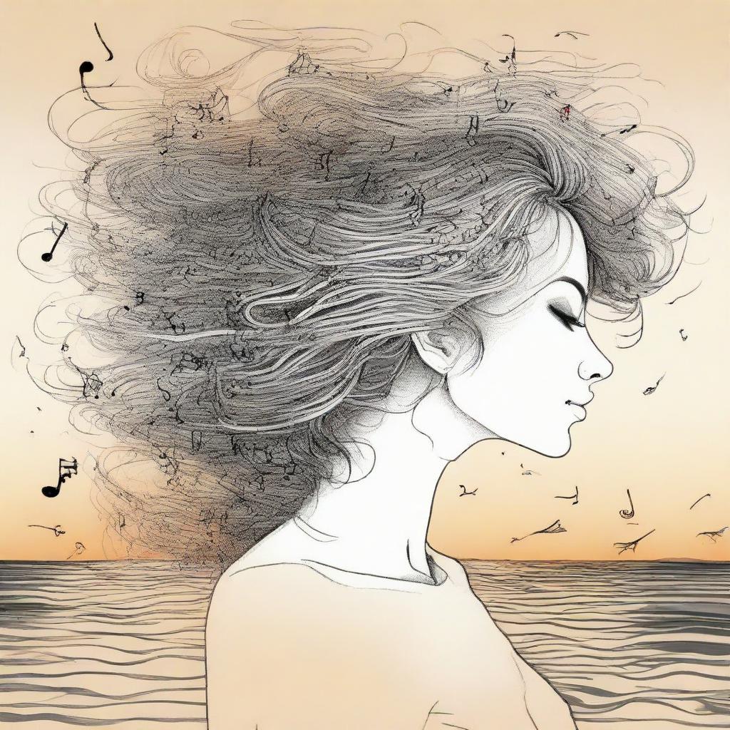 Compose a detailed drawing of a side-profile woman during a beach sunset, her hair intriguingly illustrated as a mix of swirling music notes.