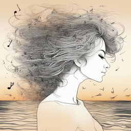 Compose a detailed drawing of a side-profile woman during a beach sunset, her hair intriguingly illustrated as a mix of swirling music notes.