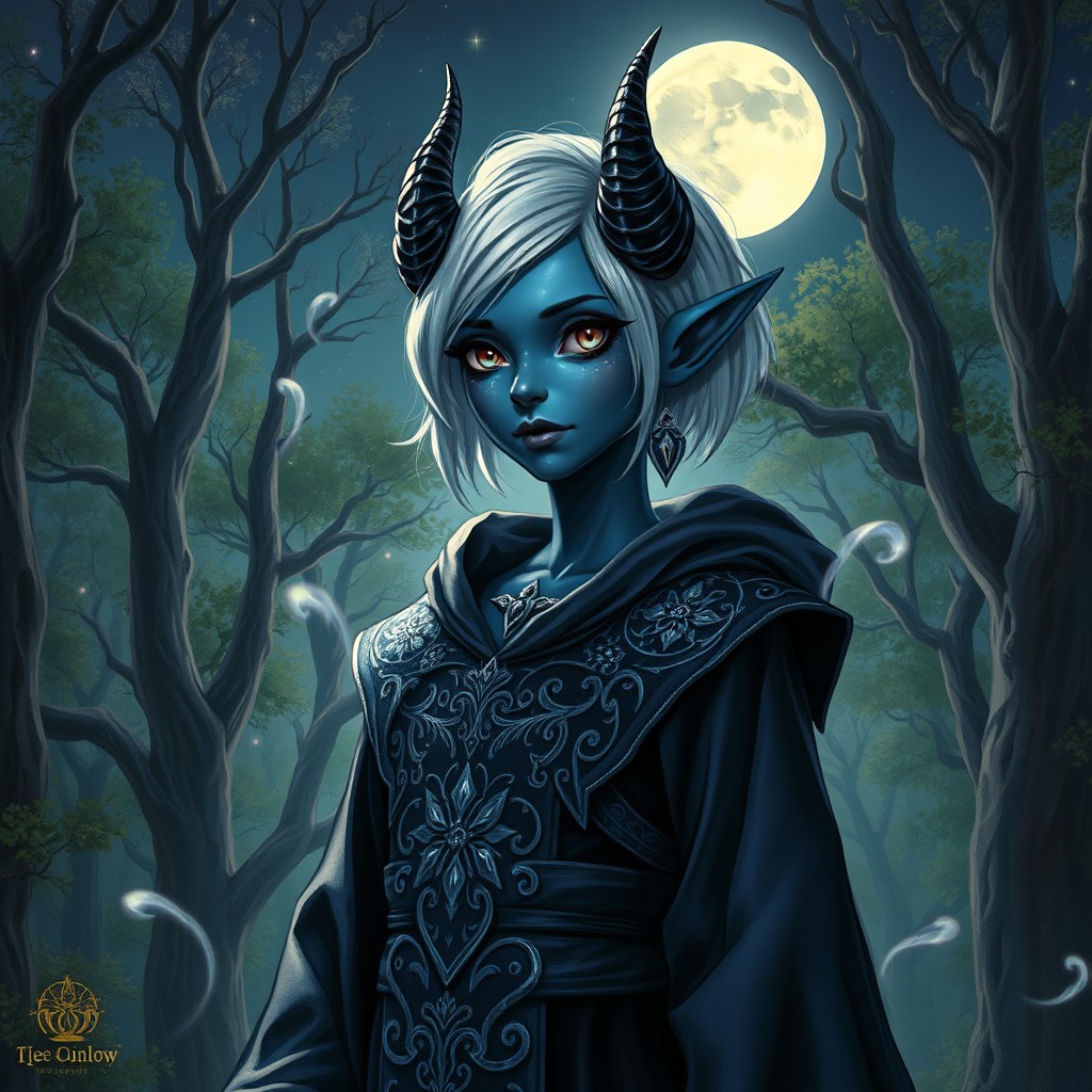 A small horned dark blue tiefling sorceress standing under a full moon, her deep azure skin softly illuminated by the lunar light