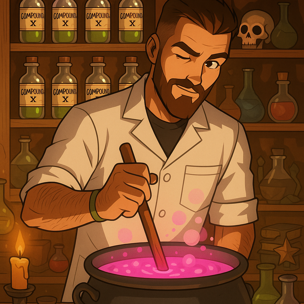Now create an image of a laboratory wall where shelves are filled with flasks containing the mysterious Compound X, which the professor is glancing at with one eye while continuing to stir the cauldron with pink liquid.