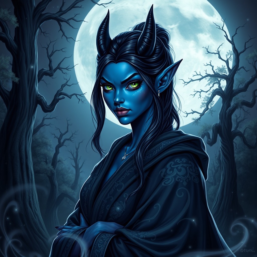 A dark blue tiefling sorceress portrayed against a backdrop of a full moon, her vibrant blue skin illuminated by the moonlight