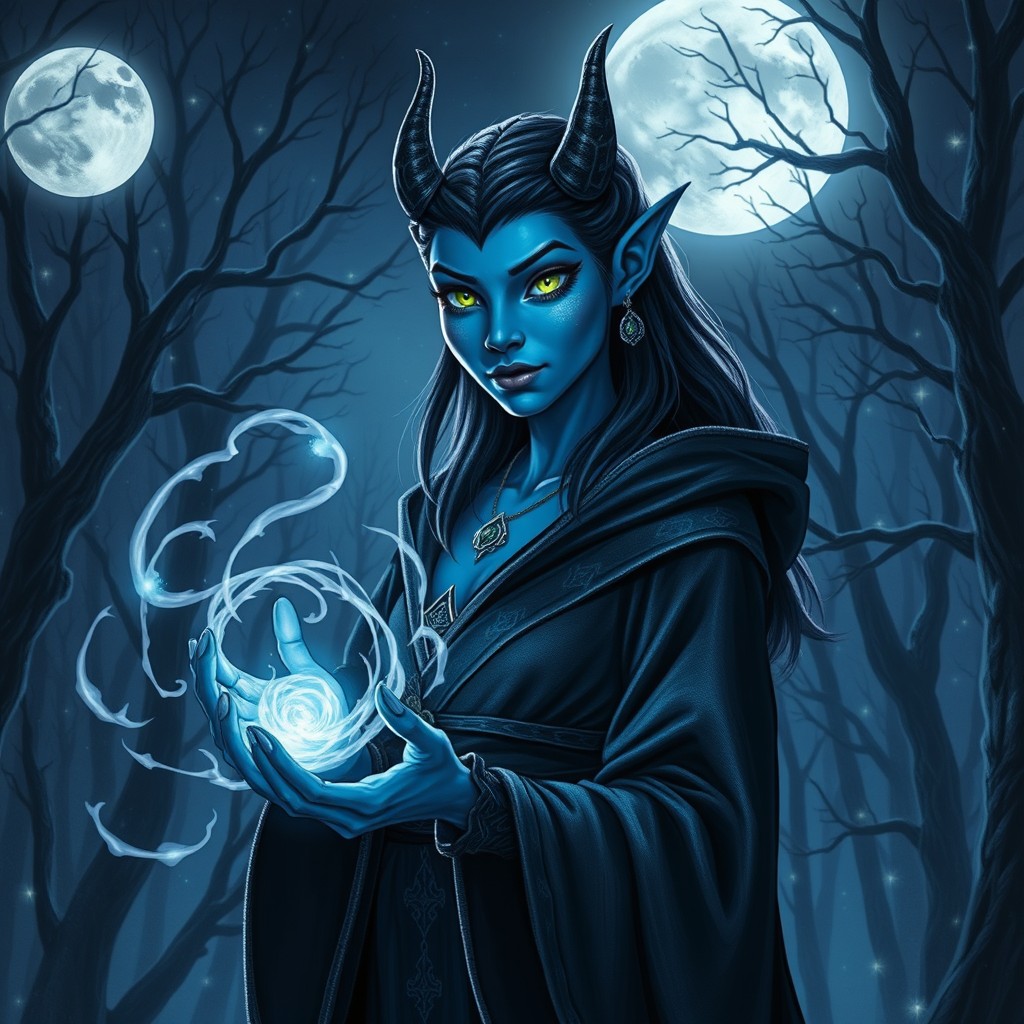 A dark blue tiefling sorceress standing confidently under a full moon, her radiant blue skin glowing in the silvery light