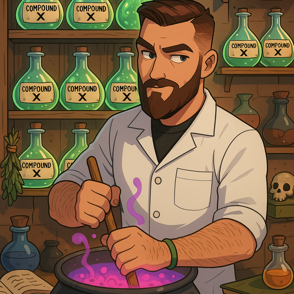 Now create an image of a laboratory wall where shelves are filled with flasks containing the mysterious Compound X, which the professor is glancing at with one eye while continuing to stir the cauldron with pink liquid.