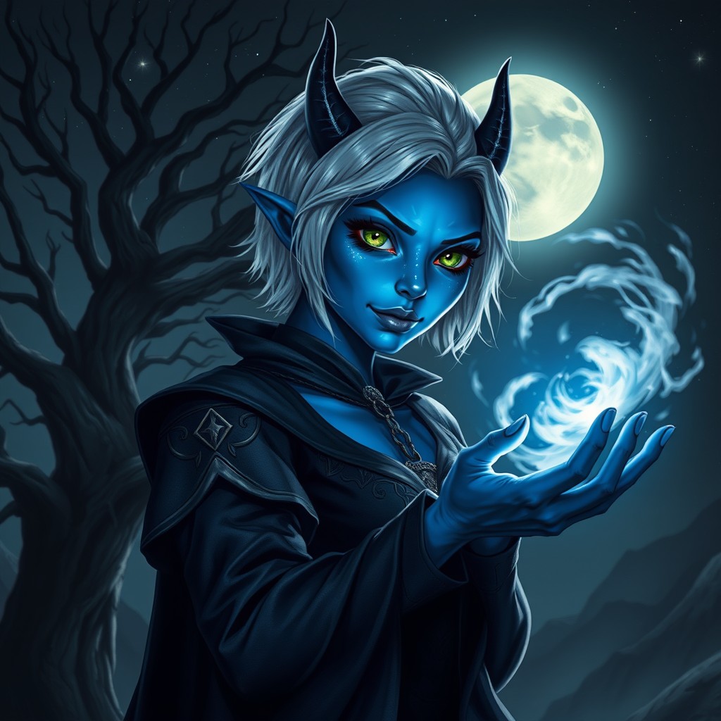 A dark blue tiefling sorceress illuminated by the light of a full moon, her enchanting blue skin reflecting a mystical glow