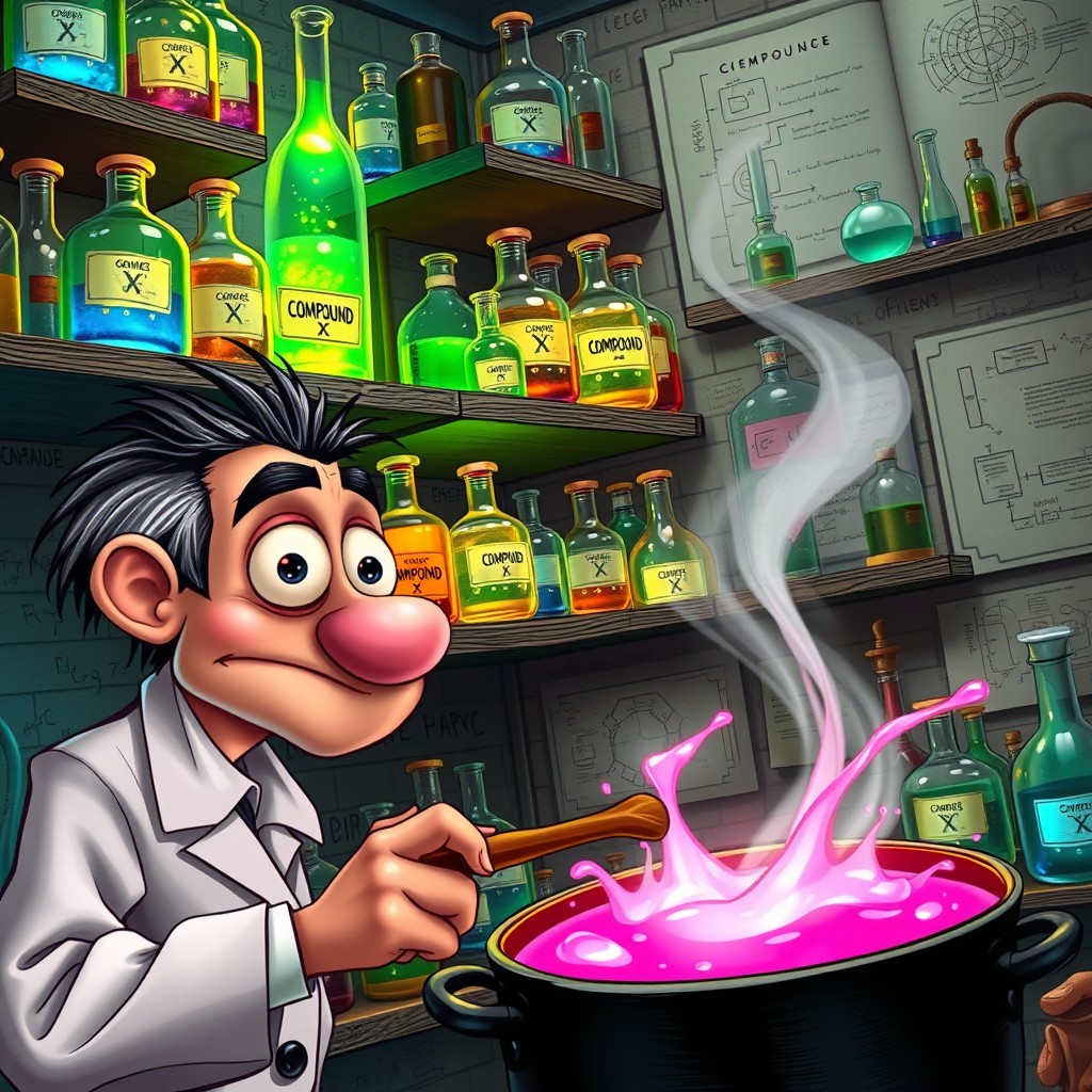 A detailed laboratory wall filled with shelves stacked with various flasks containing a glowing, mysterious substance labeled as 'Compound X'