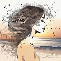 Compose a detailed drawing of a side-profile woman during a beach sunset, her hair intriguingly illustrated as a mix of swirling music notes.