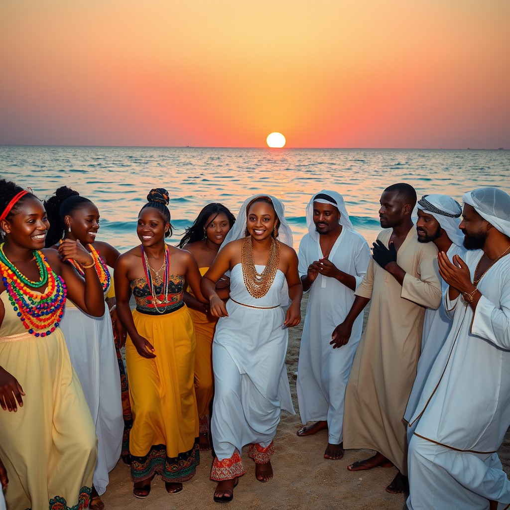 A vibrant scene featuring a group of African women with brown skin, adorned in colorful, beaded clothing, joyfully dancing alongside a number of men dressed in long white Arabic clothes (dashdasha), all without hats or headscarves