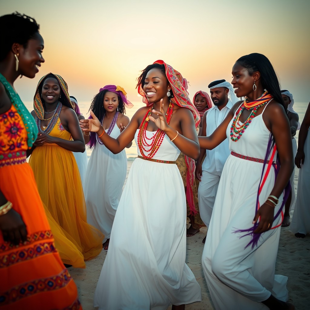 A vibrant scene depicting several African women with light brown skin, adorned in colorful, beaded dresses and long, flowing colorful scarves, joyfully dancing on a pristine beach