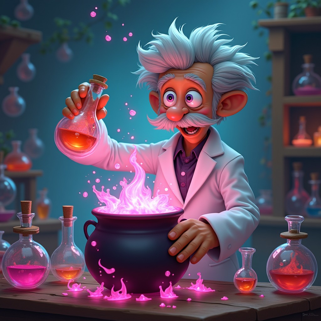 In a whimsical laboratory setting, the professor in a white lab coat is glancing at a flask containing the mysterious Compound X with one big eye, while enthusiastically stirring a cauldron filled with a vibrant pink liquid