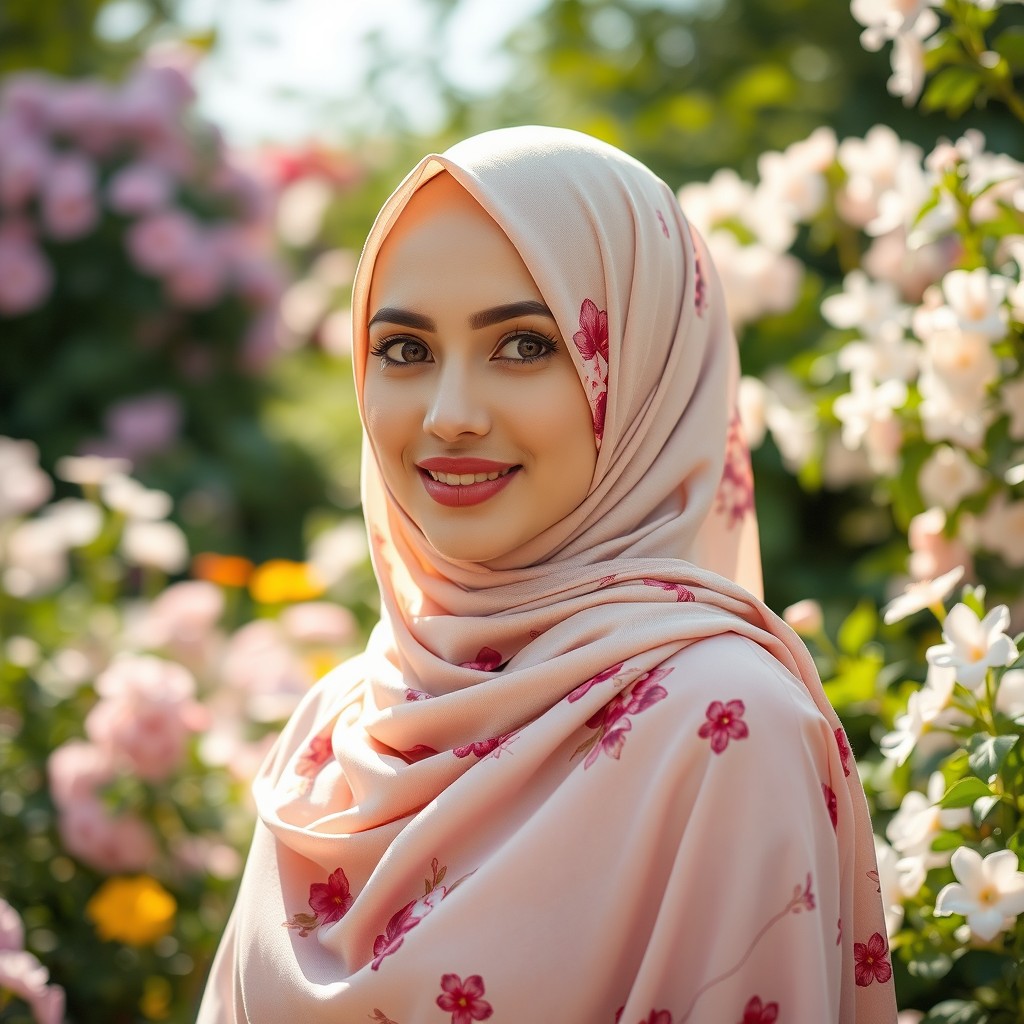 A beautiful woman wearing a stylish, elegant hijab, adorned with floral patterns