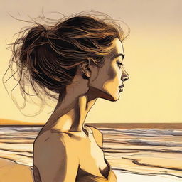 Sketch a detailed image of a woman in side profile, bathed in the golden light of a sunset on a beach.