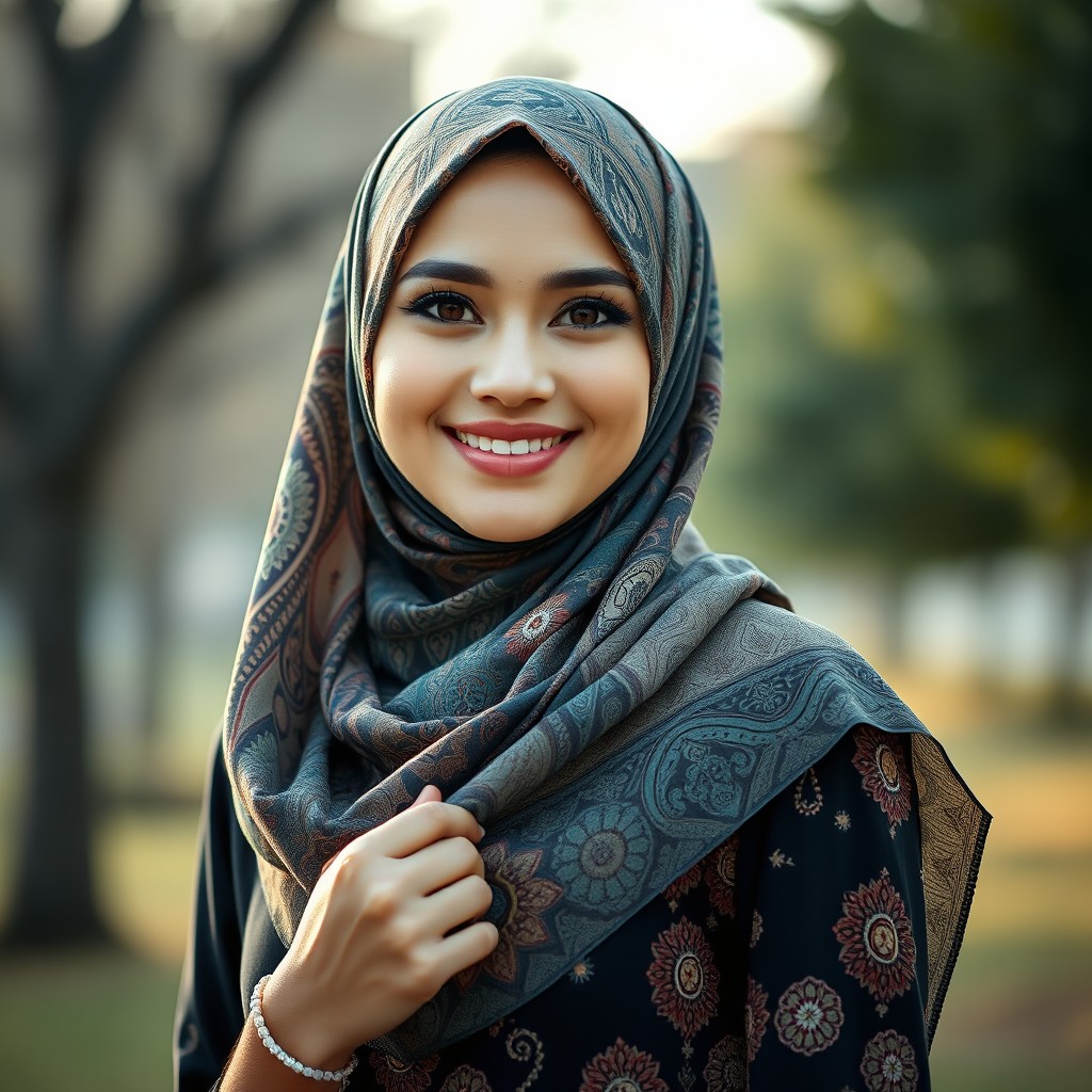 A beautiful and elegant young woman wearing a stylish hijab, showcasing a variety of intricate patterns and colors