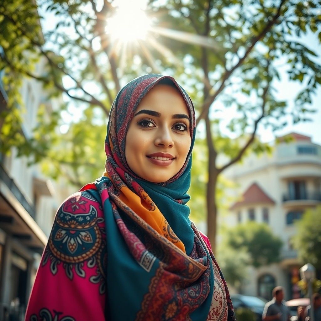 A beautiful and elegant woman wearing a colorful hijab, gracefully styled in a modern urban setting
