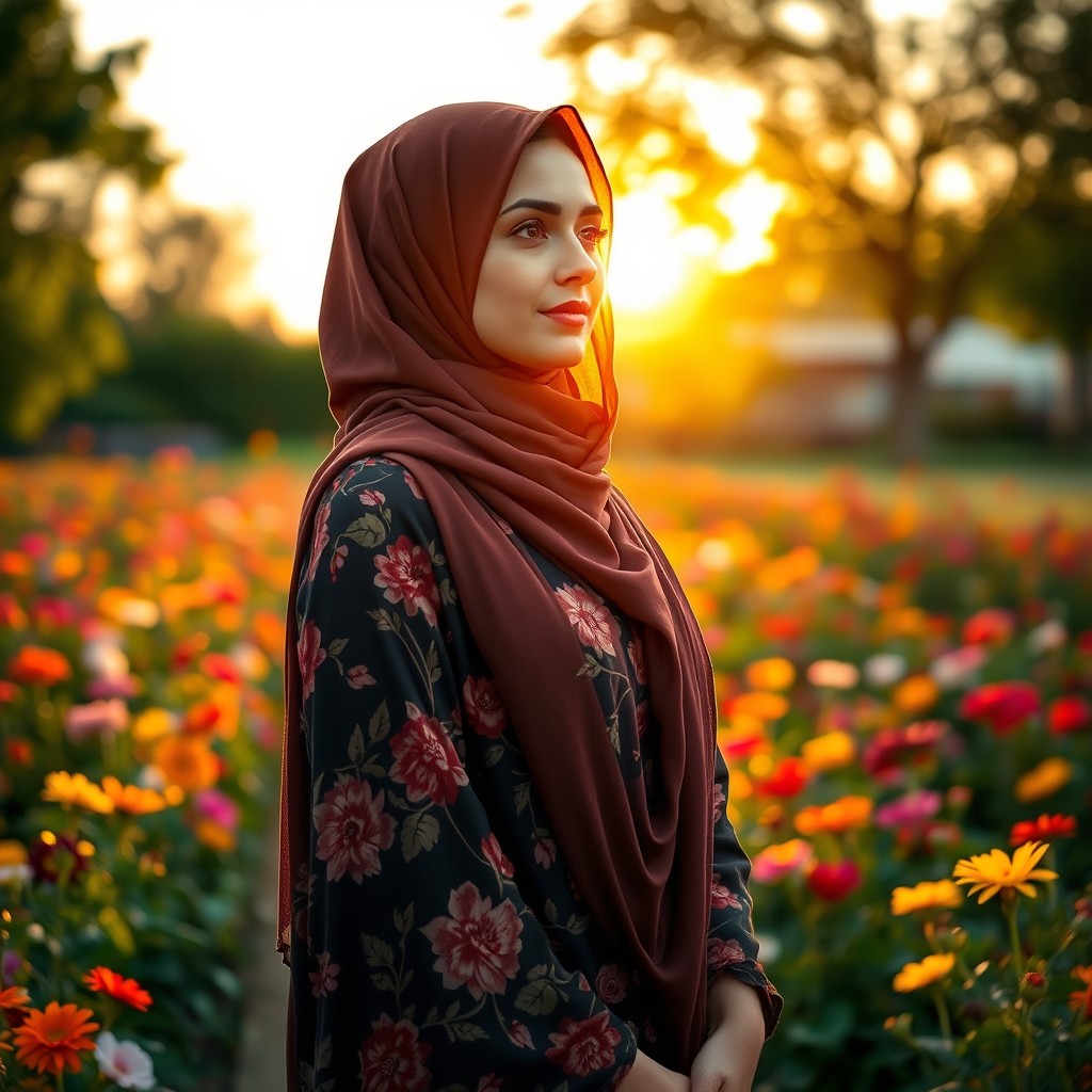 A beautiful woman wearing a hijab, dressed in an elegant floral-patterned abaya