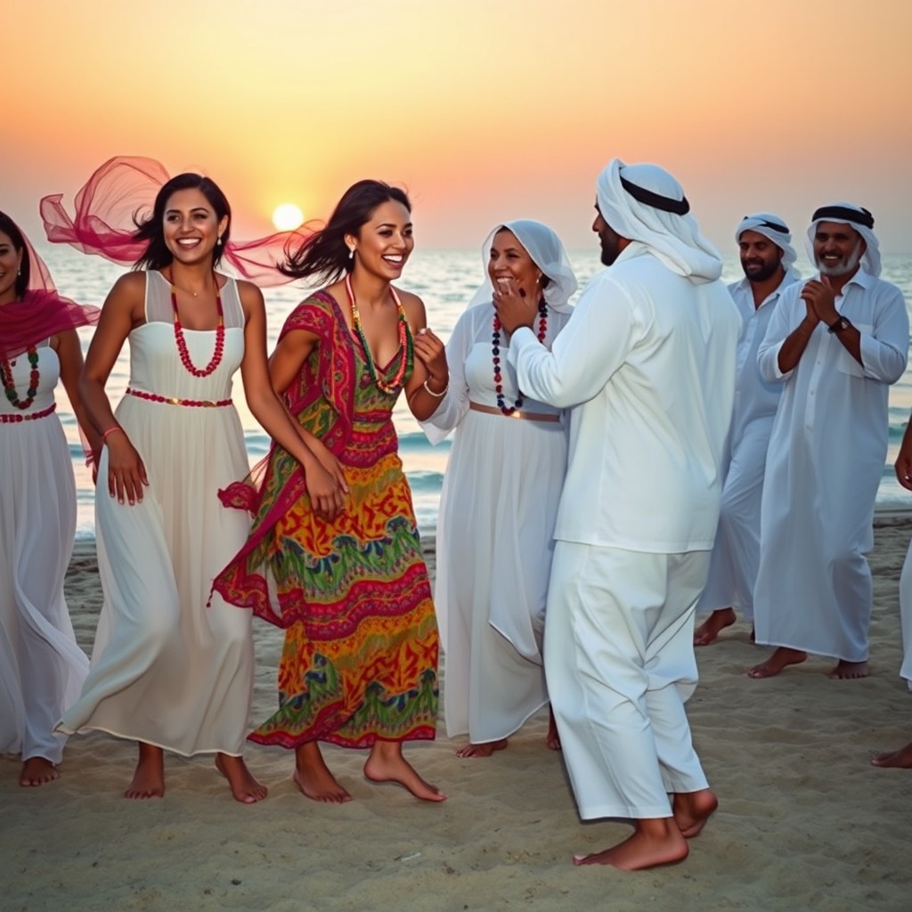 A vibrant scene on a beach where a group of Arab women with very light brown skin are joyfully dancing