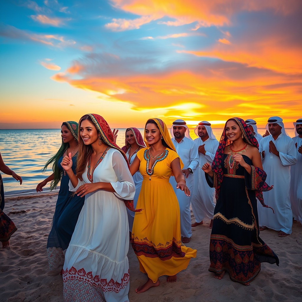 A lively beach scene featuring a group of Arab women with very light brown skin, dancing joyfully