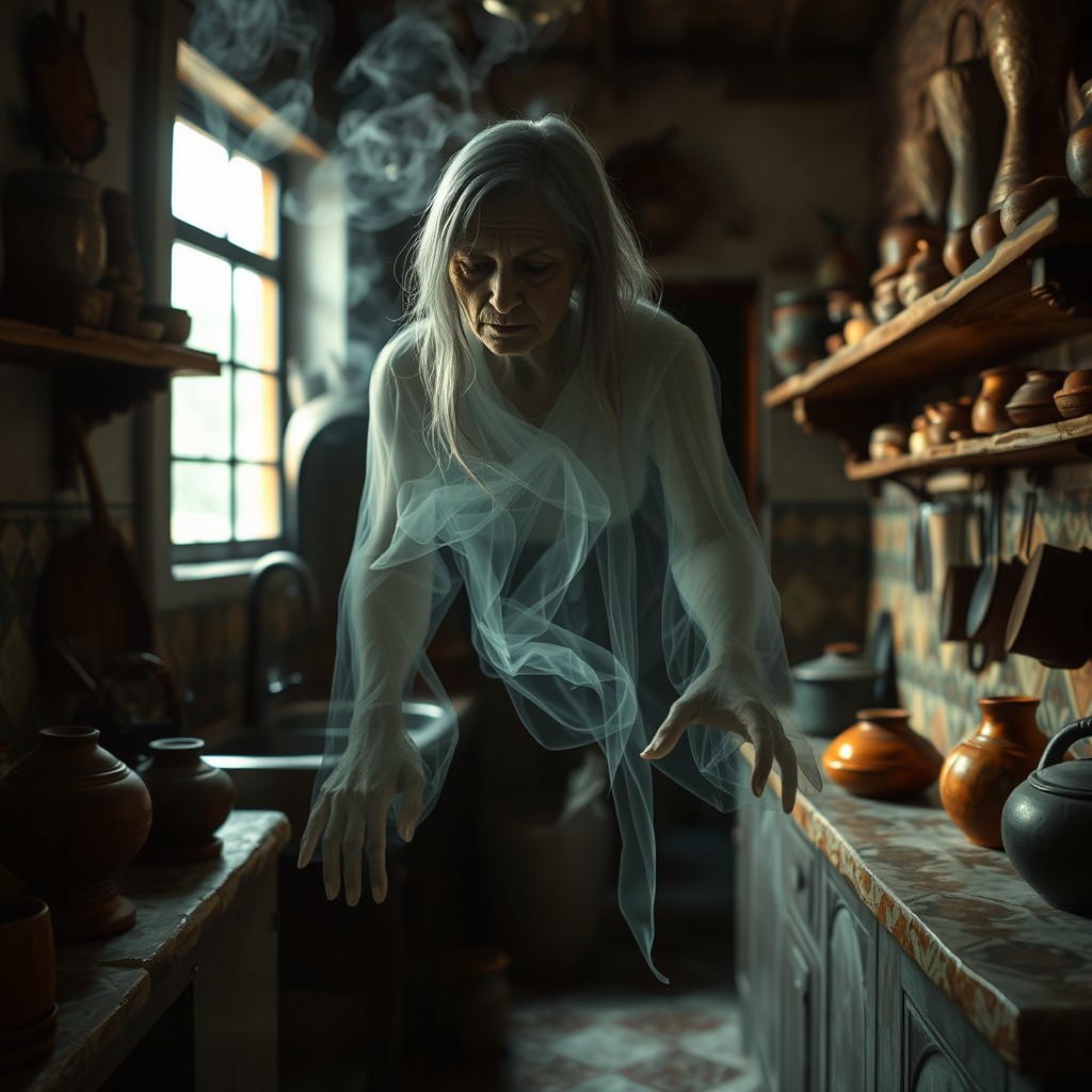 A realistic image of an ectoplasmic entity resembling a ghostly old woman, floating in the kitchen of a traditional Mexican house