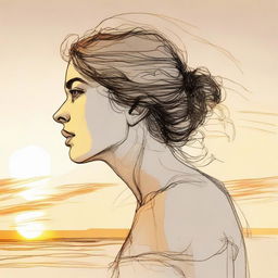 Sketch a detailed image of a woman in side profile, bathed in the golden light of a sunset on a beach.