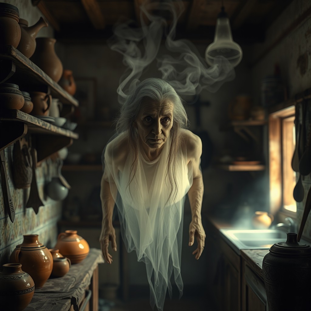 A realistic image of an ectoplasmic entity with a ghostly appearance of an elderly woman, floating in the kitchen of a traditional Mexican house
