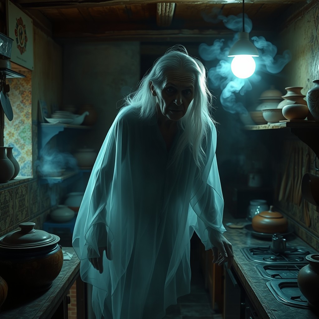 A realistic image of an ectoplasmic entity with the ghostly appearance of an old woman, floating in the kitchen of a traditional Mexican house