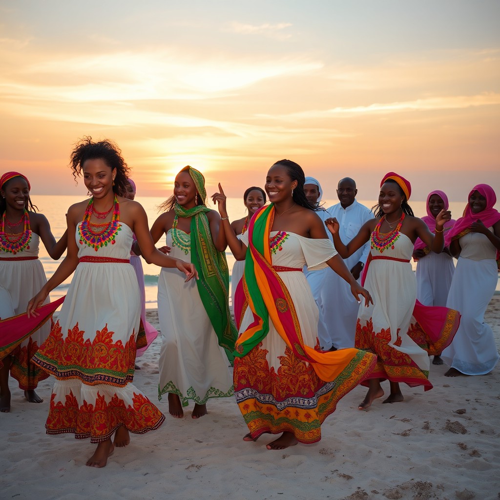 A lively beach scene featuring a group of women with very light brown skin joyfully dancing