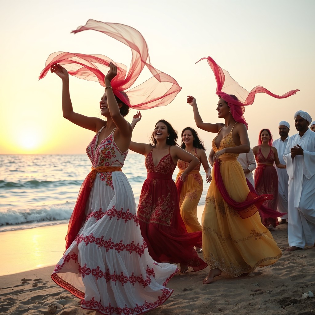 A lively beach scene capturing a group of women with very light brown skin, joyfully dancing on the shore
