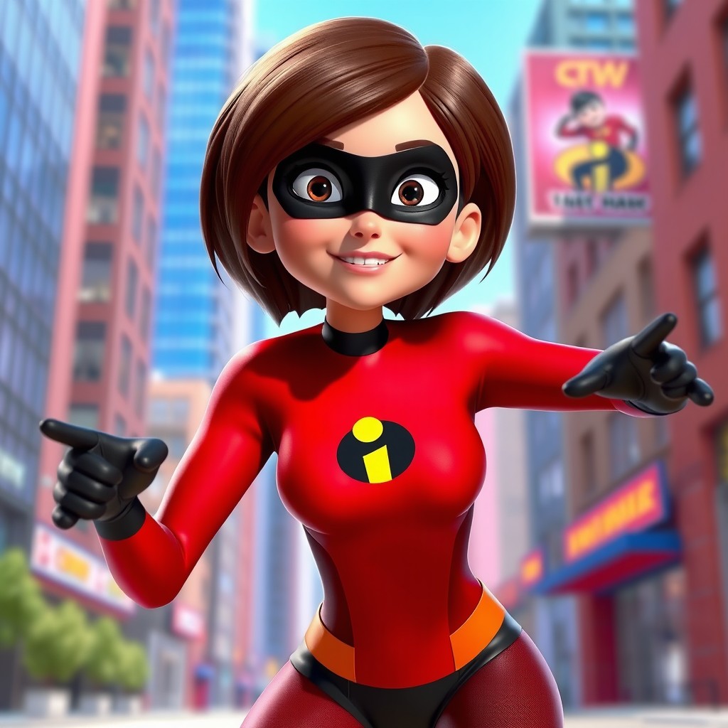 An animated female superhero resembling Elastigirl from The Incredibles, dressed in a red and black supersuit featuring an 'i' logo on her chest