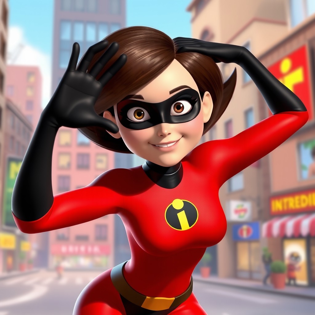 An animated female superhero inspired by Elastigirl from The Incredibles, wearing a bright red and black supersuit featuring an 'i' logo on the chest