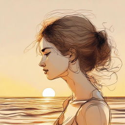 Sketch a detailed image of a woman in side profile, bathed in the golden light of a sunset on a beach.