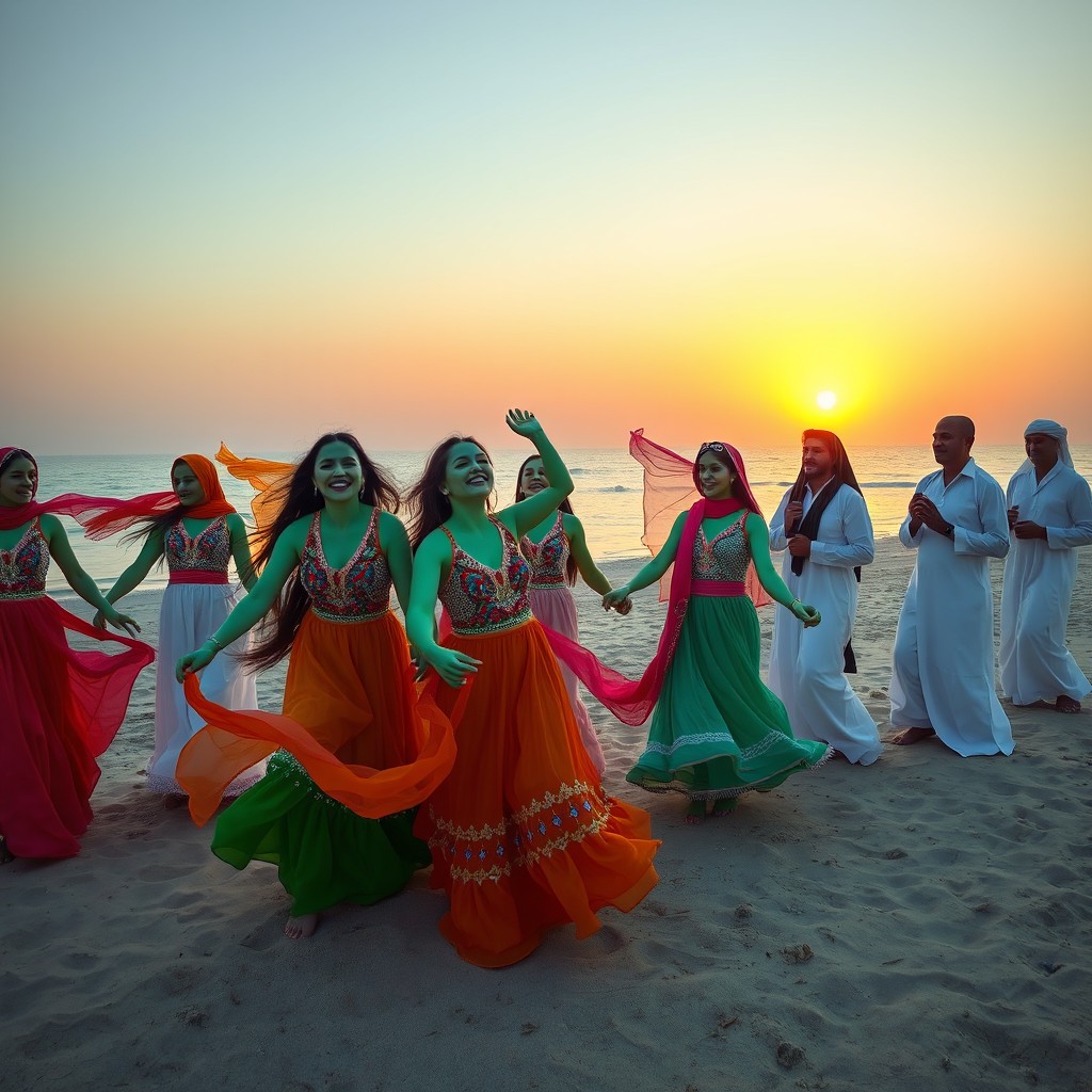 A vibrant beach scene showcasing a group of women from southern Iran (Hormozgan) with very light green skin color, joyfully dancing on the sand