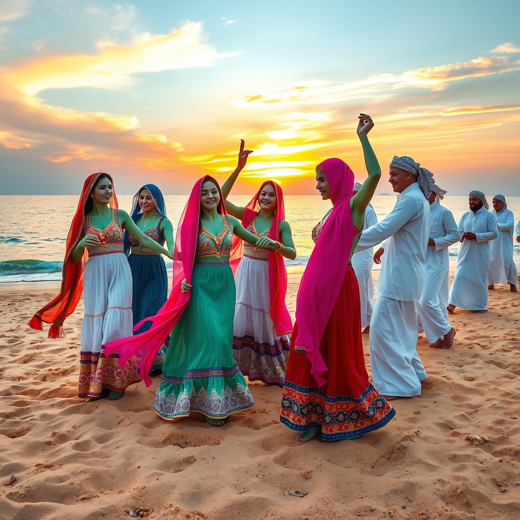 A vibrant beach scene depicting women from southern Iran (Hormozgan) with very light green skin color, joyfully dancing on the sandy shore