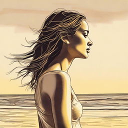 Sketch a detailed image of a woman in side profile, bathed in the golden light of a sunset on a beach.