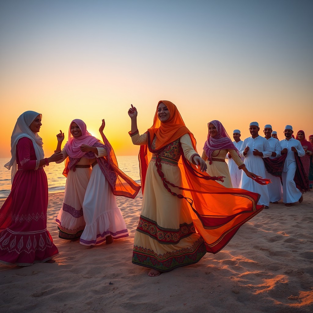 A vibrant beach scene depicting women from southern Iran (Hormozgan) with light brown skin, joyfully dancing on the sandy beach