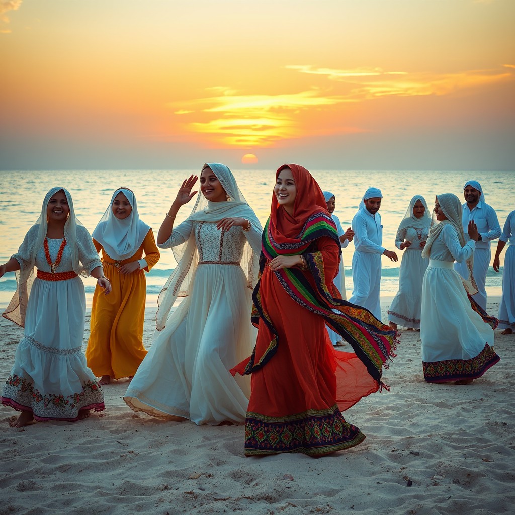 A vibrant beach scene depicting women from southern Iran (Hormozgan) with light brown skin, joyfully dancing on the sandy beach