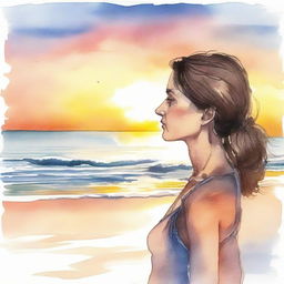 Using aquarel technique, illustrate a detailed image of a side-profile woman witnessing a beach sunset.