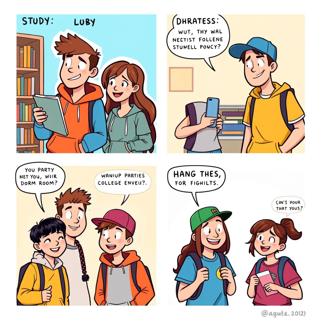 A vibrant and humorous comic strip featuring a group of four college students wearing colorful college apparel like hoodies, t-shirts, and caps