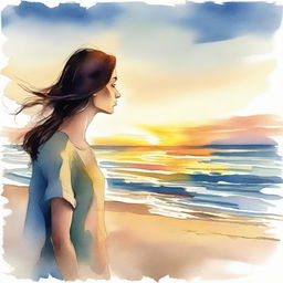 Using aquarel technique, illustrate a detailed image of a side-profile woman witnessing a beach sunset.