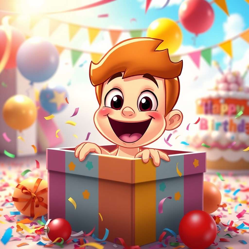 An adventurous scene of a vibrant cartoon character popping out of a colorful gift box, surrounded by colorful confetti and balloons