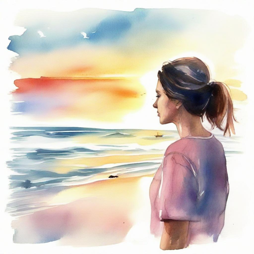 Using aquarel technique, illustrate a detailed image of a side-profile woman witnessing a beach sunset.