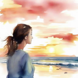 Using aquarel technique, illustrate a detailed image of a side-profile woman witnessing a beach sunset.