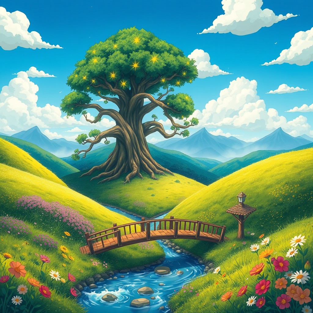 A whimsical, colorful fantasy landscape inspired by the art style of Studio Ghibli, featuring lush green hills, a giant, magical tree with twinkling lights, and a serene river flowing through the scene