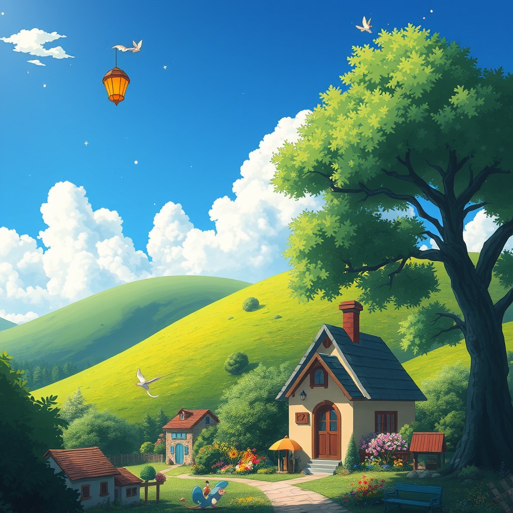 A whimsical and enchanting scene inspired by Studio Ghibli, featuring lush green hills, a bright blue sky with fluffy white clouds, and a quaint, picturesque village in the foreground
