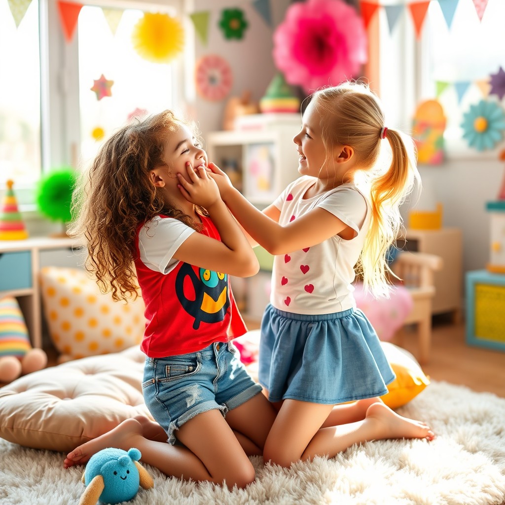Two girls playfully tickling each other in a bright, cheerful room filled with colorful decorations