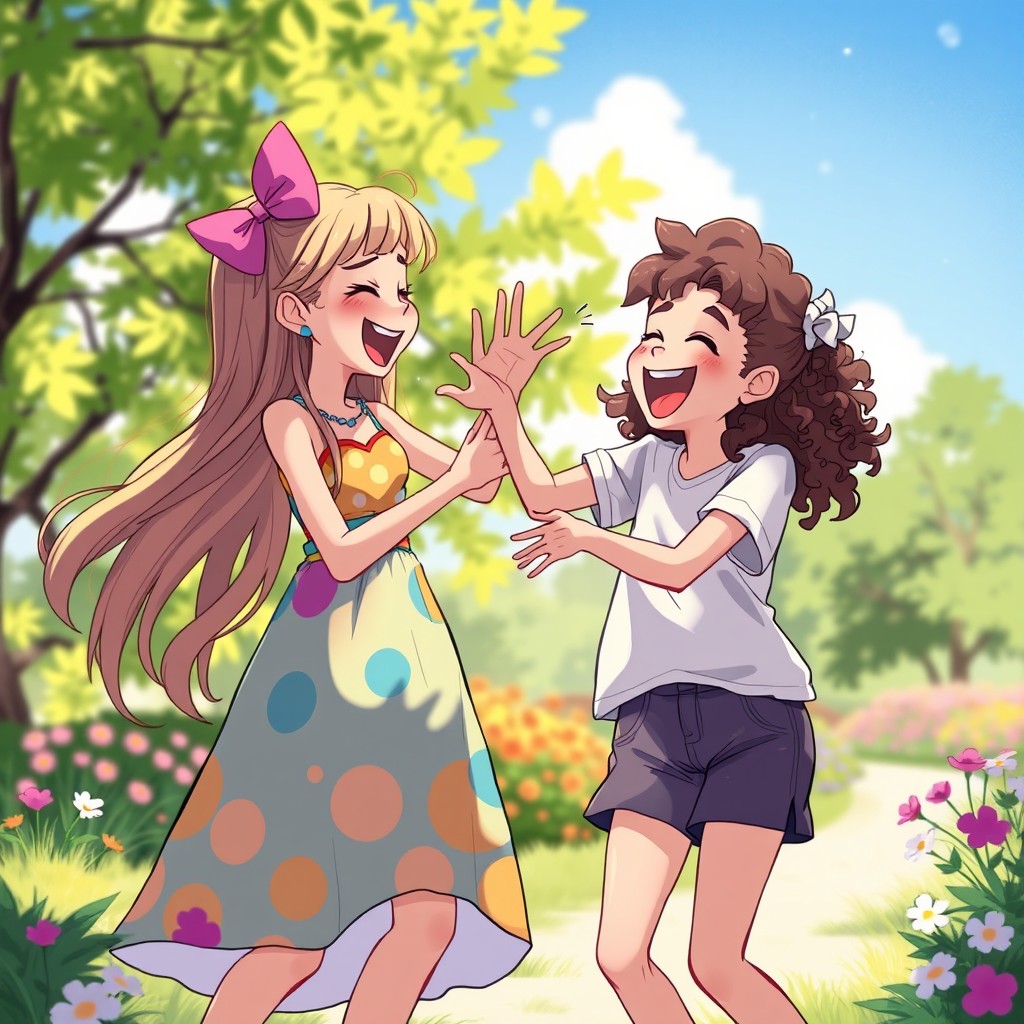 A whimsical and playful scene featuring two girls having fun as they tickle each other, laughing joyfully