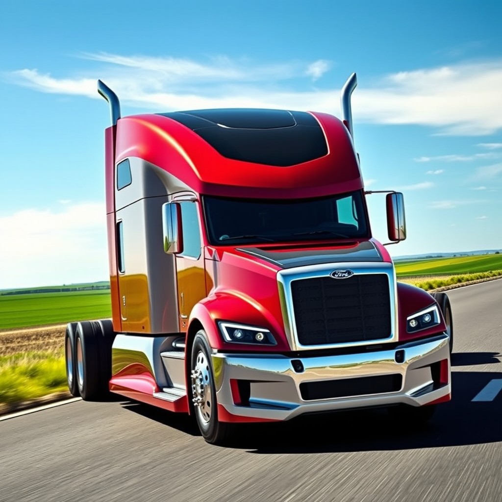 A sleek and futuristic 2026 Ford LTL 9000 semi truck, showcasing an innovative design that combines modern technology with classic styling