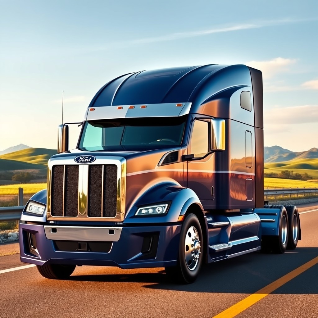 A sleek and modern 2026 Ford LTL 9000 semi truck, showcasing a perfect blend of classic design and futuristic enhancements