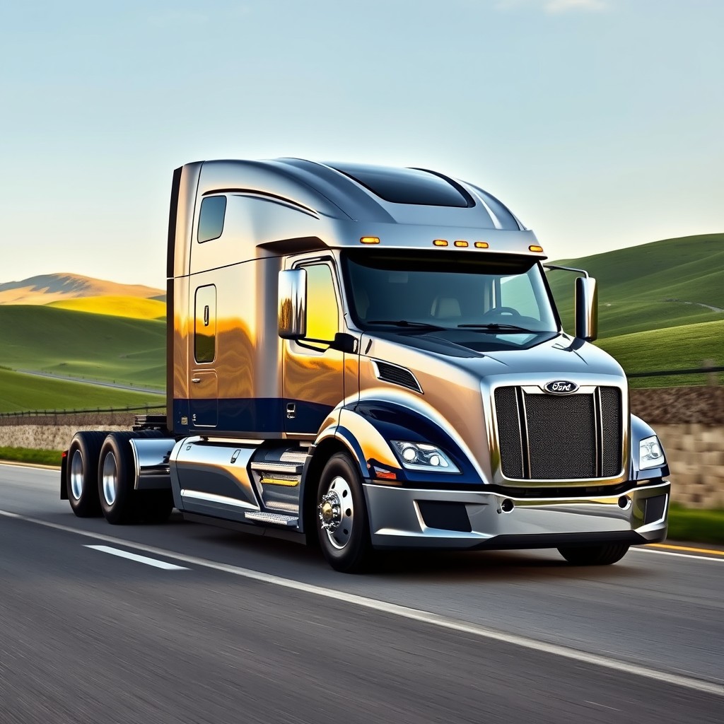 A contemporary 2026 Ford LTL 9000 semi truck, showcasing a sleek design that marries retro elements with modern technology