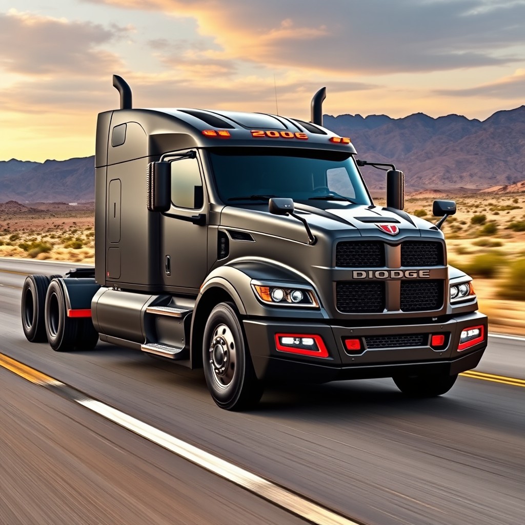 A state-of-the-art 2026 Dodge Bighorn semi truck, featuring a rugged yet streamlined design that embodies power and performance