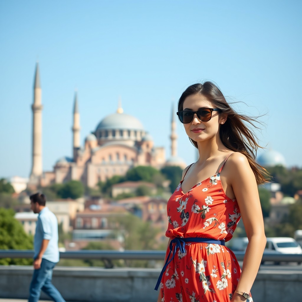 A young woman standing in front of the beautiful skyline of Istanbul, showcasing her vibrant style