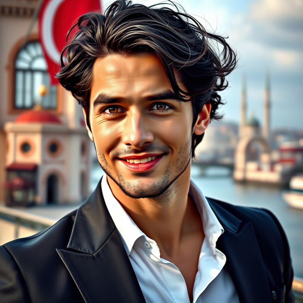 A stunning fictional Turkish actor, embodying charisma and charm